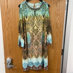 CHICO'S Blue Multi-Color Cold Shoulder Sleeve Dress with Beaded Collar Size 2